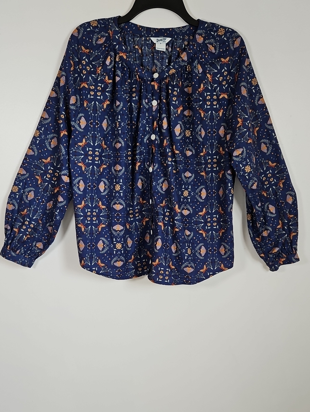 Duluth Trading Organic Cotton Printmaker Button Up Navy Moth Butterfly SZS